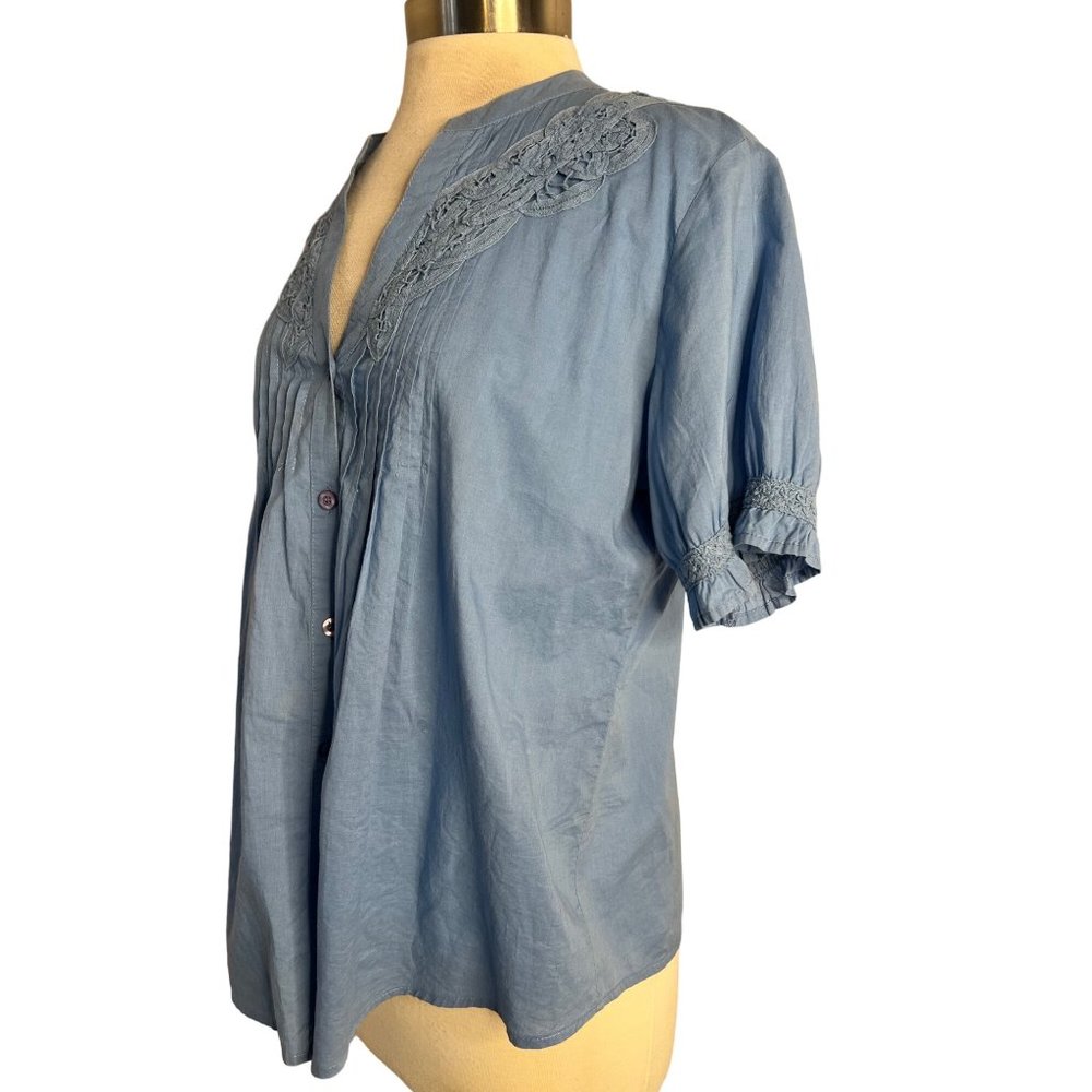 Take two clothing company blouse 14 blue short sleeve V-neck cotton button up - Picture 3 of 16